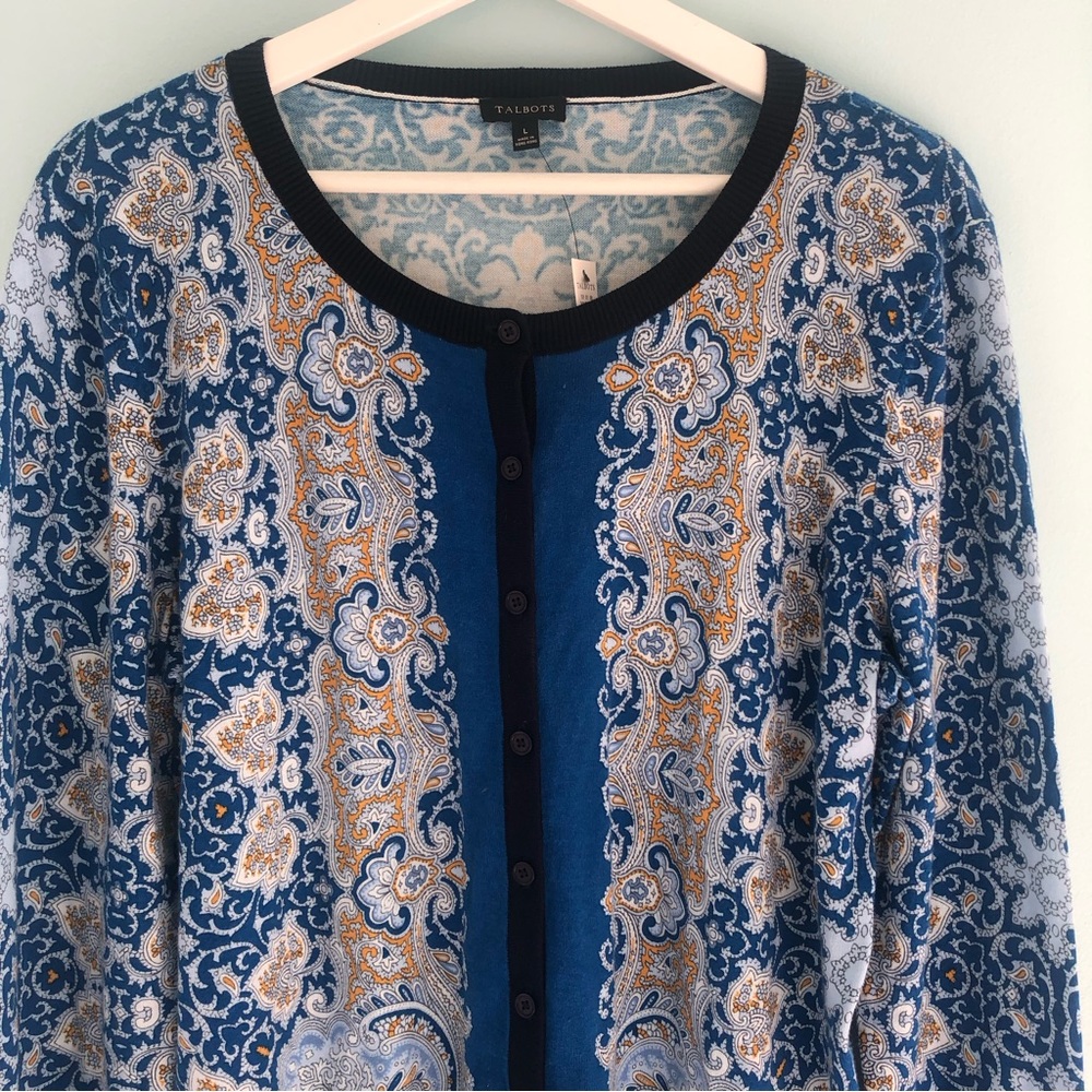 Talbots NEW Size Large Button Front Cardigan Blue Black Elegant Long Sleeved